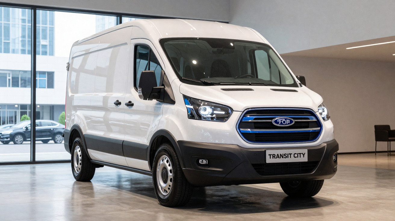 White Ford Transit City van parked indoors with modern building visible through large windows behind it.