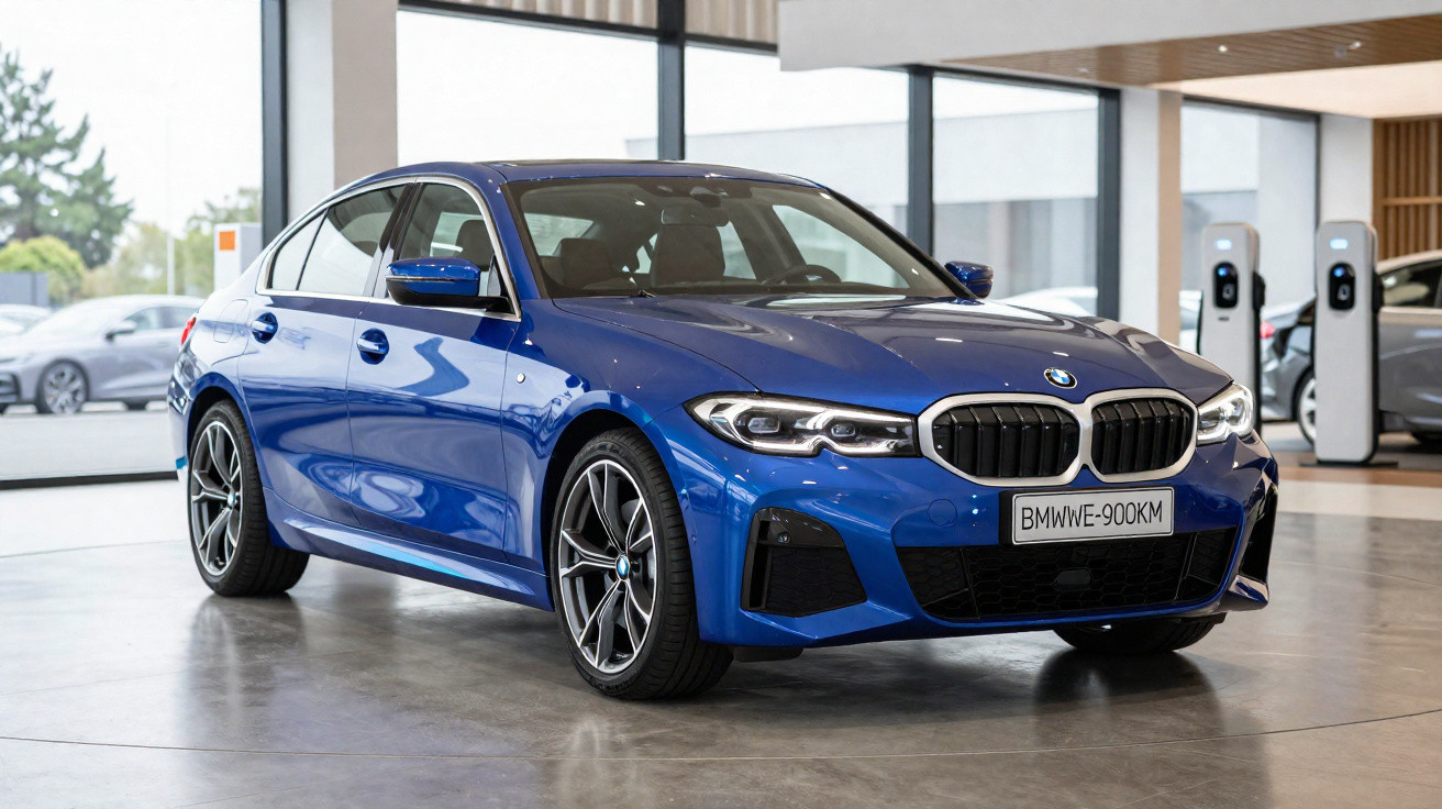 Blue BMW sedan parked indoors near electric vehicle charging stations in a modern showroom.