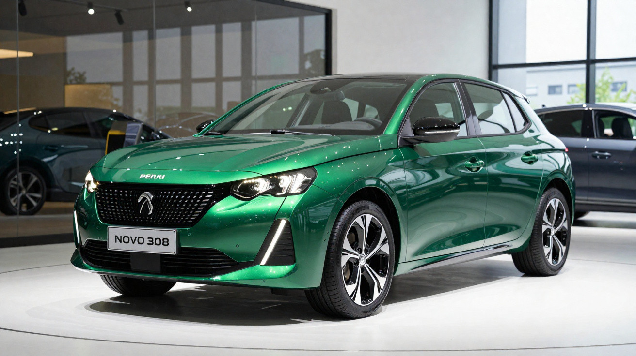 Green Peugeot Novo 308 hatchback displayed in a showroom with modern design and glossy finish.