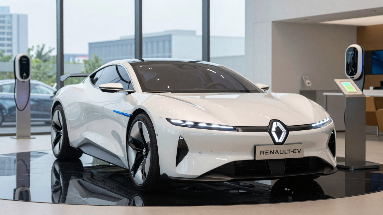 White Renault electric sports car displayed indoors near charging stations with large glass windows in background.