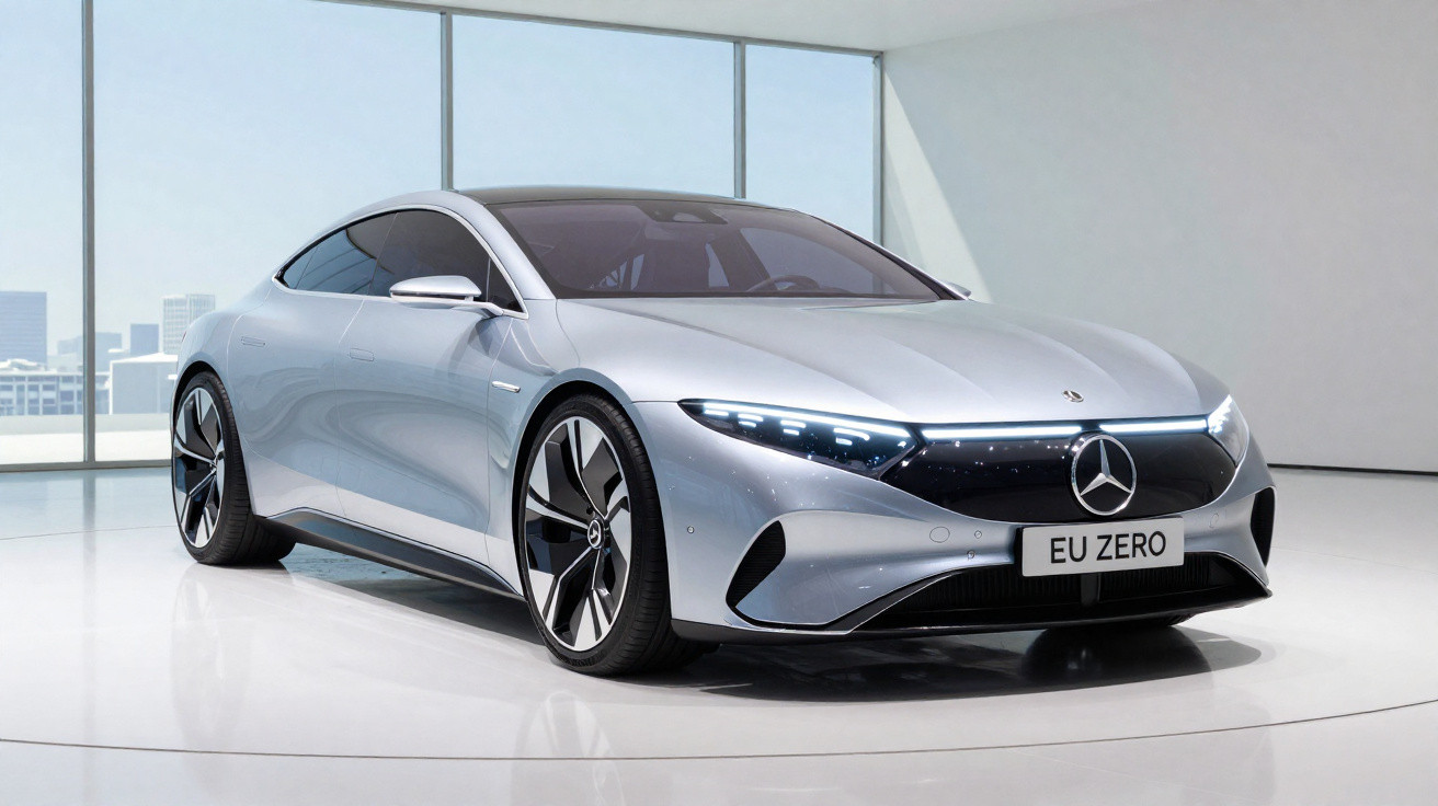 Silver Mercedes-Benz electric coupe with sleek design and EU ZERO licence plate in a modern showroom.