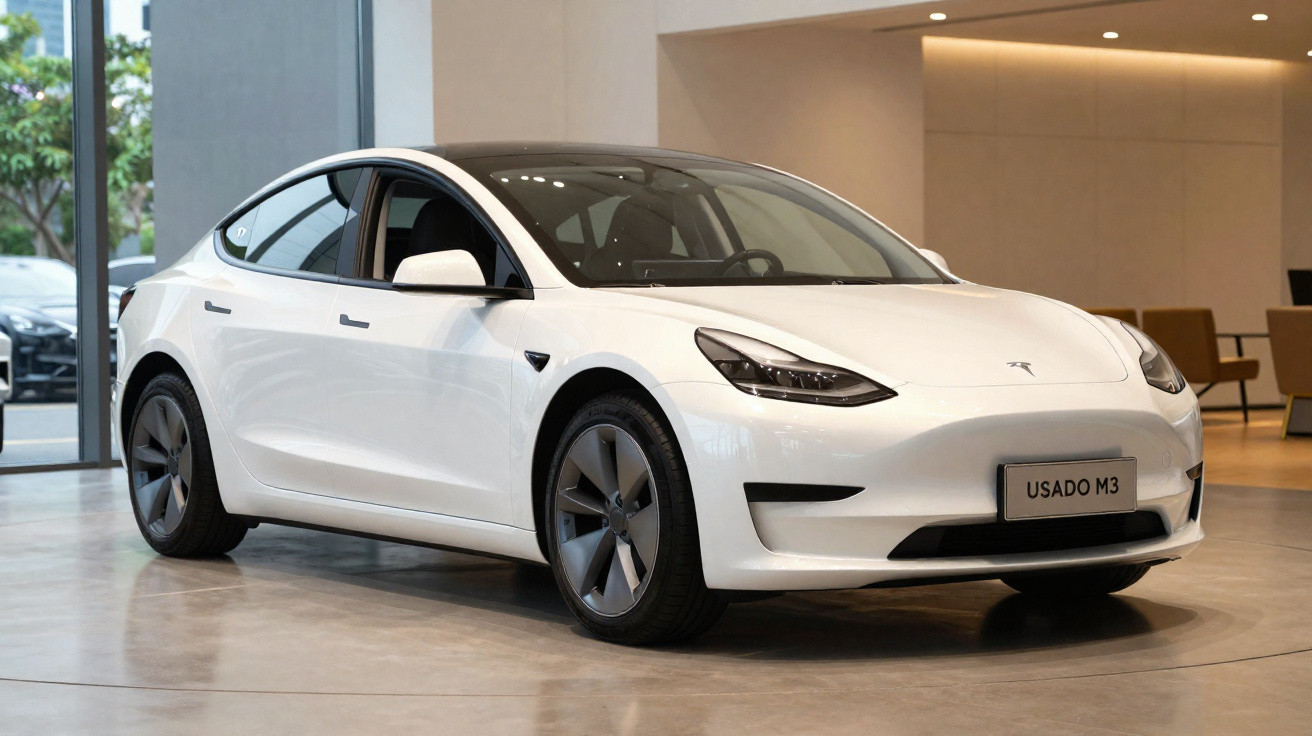 White Tesla Model 3 electric car displayed indoors with "USADO M3" license plate.