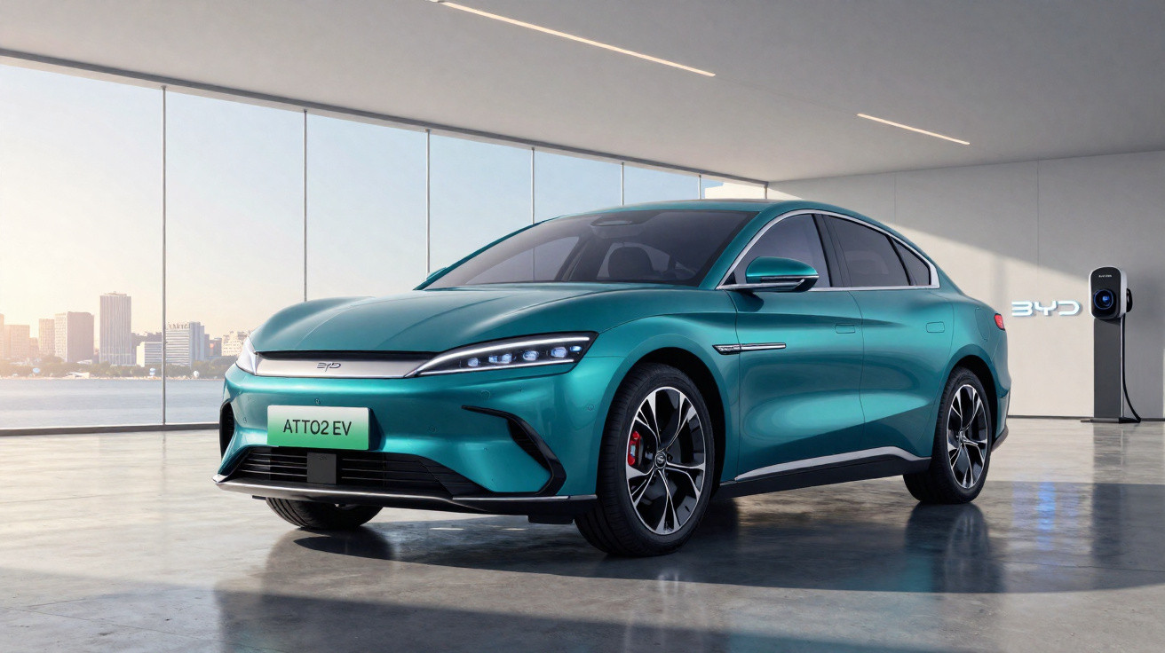 Sleek teal BYD ATT02 EV electric car in a modern charging station with city skyline in the background.