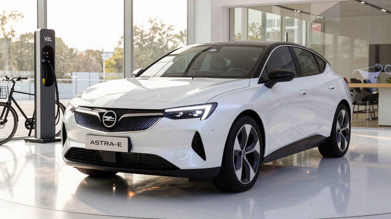 White Opel Astra-e electric car displayed indoors near a V2L charging station and a bicycle.
