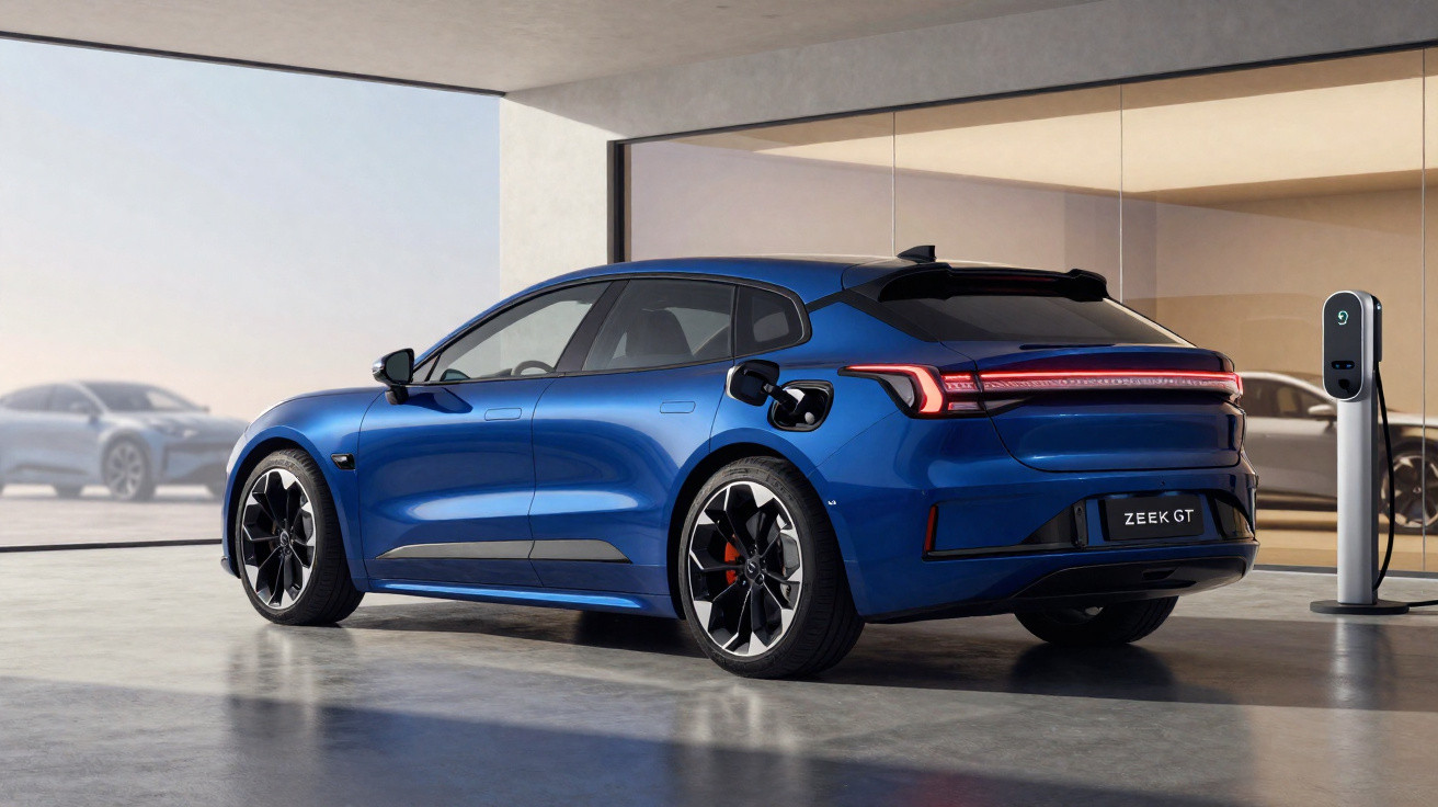 Blue Zeek GT electric car charging in a modern garage with large windows and concrete floor.