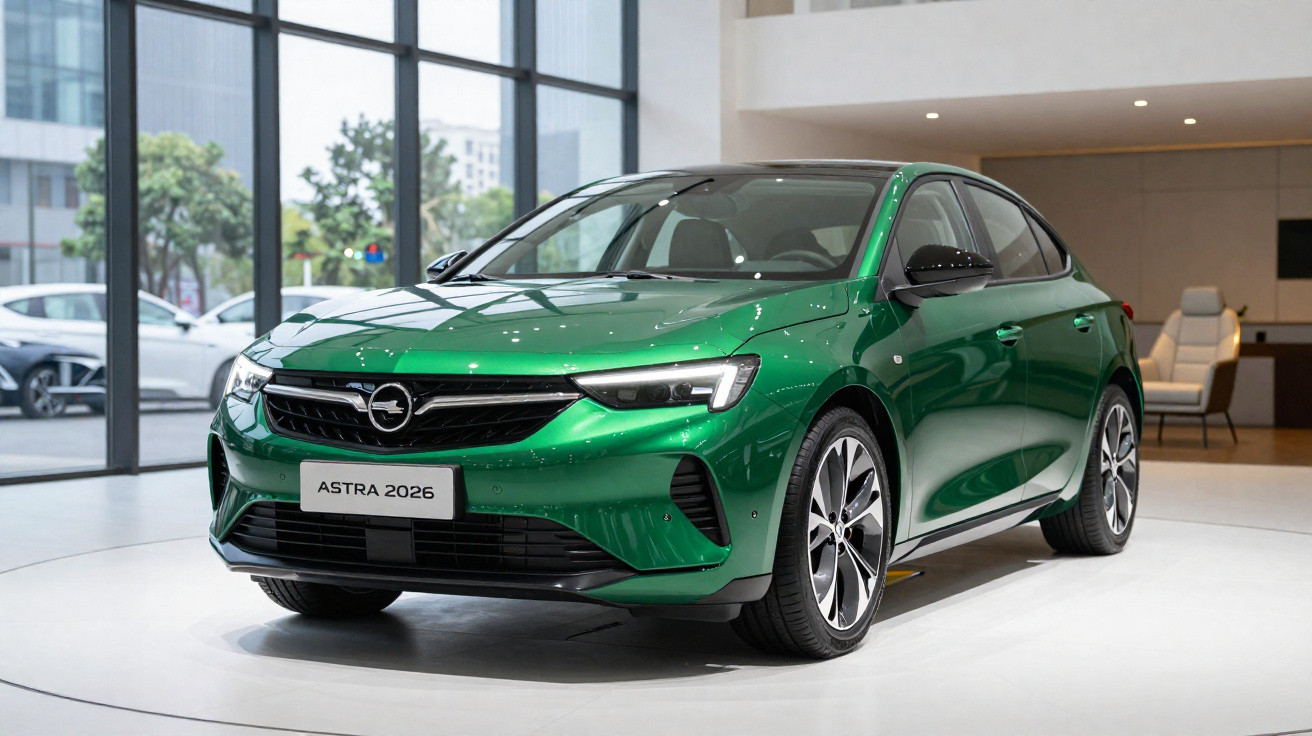 Green Opel Astra 2026 model displayed indoors on a circular platform in a modern showroom.