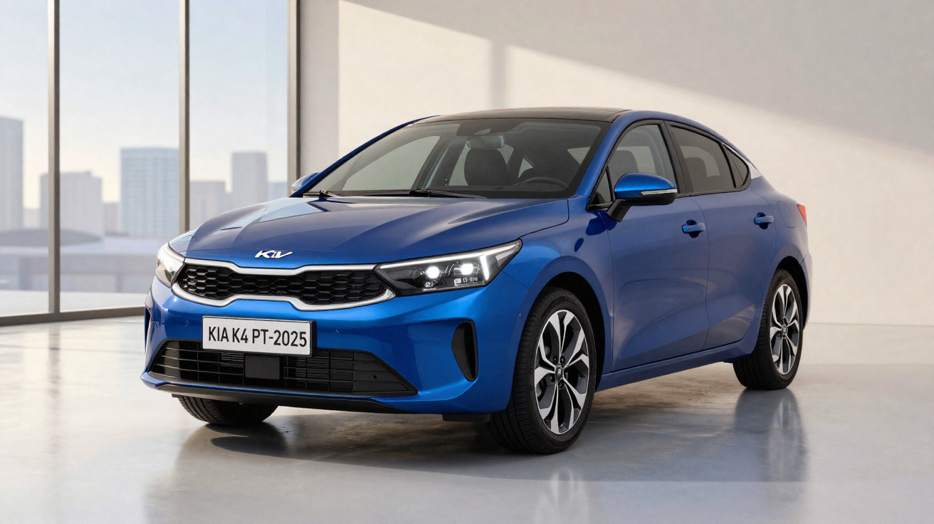 Blue Kia K4 sedan parked indoors with cityscape visible through large windows in the background.