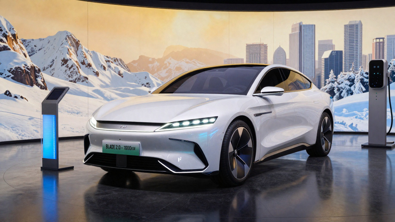 White electric car parked indoors with snowy mountain and cityscape backdrops, charging stations visible.