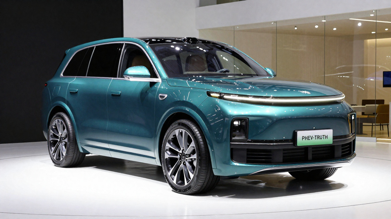 Teal-green electric SUV displayed indoors, featuring modern LED headlights and sleek aerodynamic design.