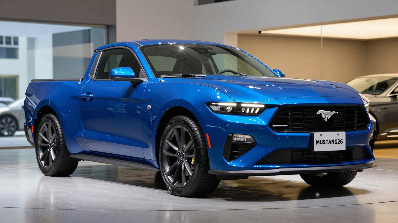 Blue Ford Mustang pickup truck parked indoors on a polished showroom floor.