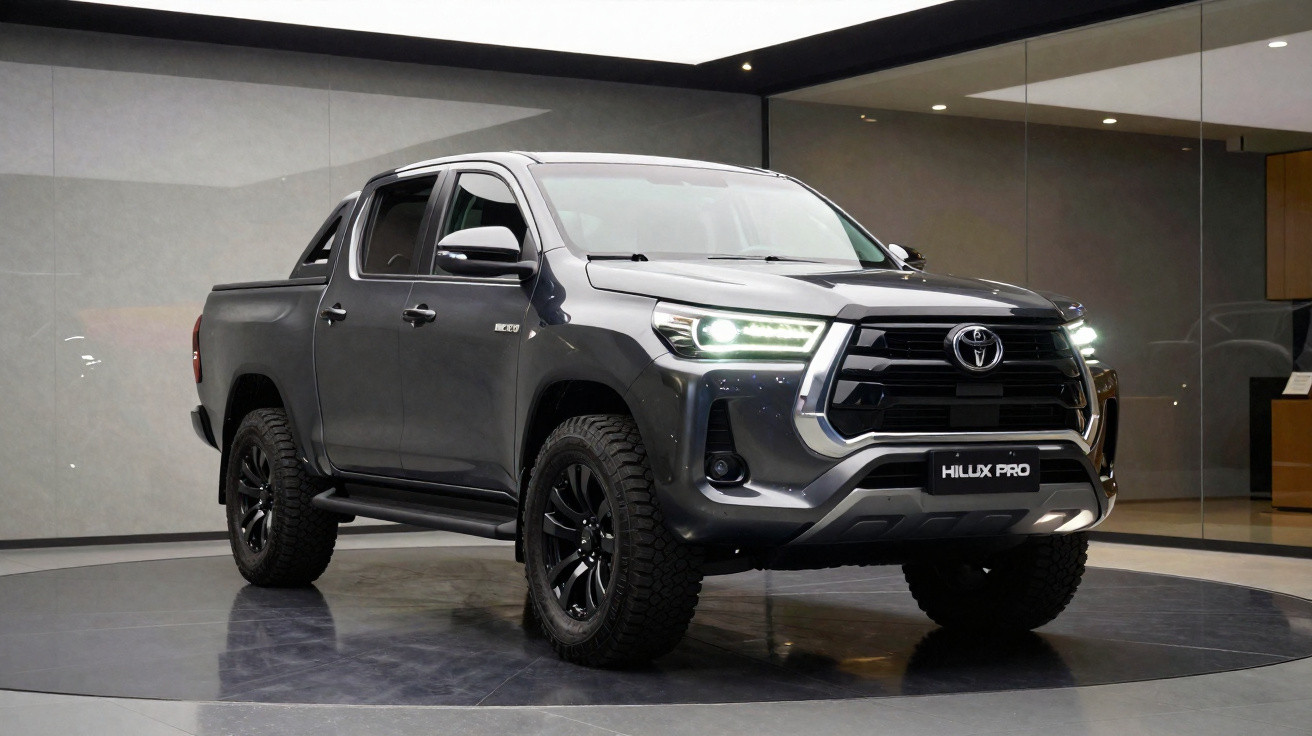 Grey Toyota Hilux Pro pickup truck with LED headlights in a modern showroom.