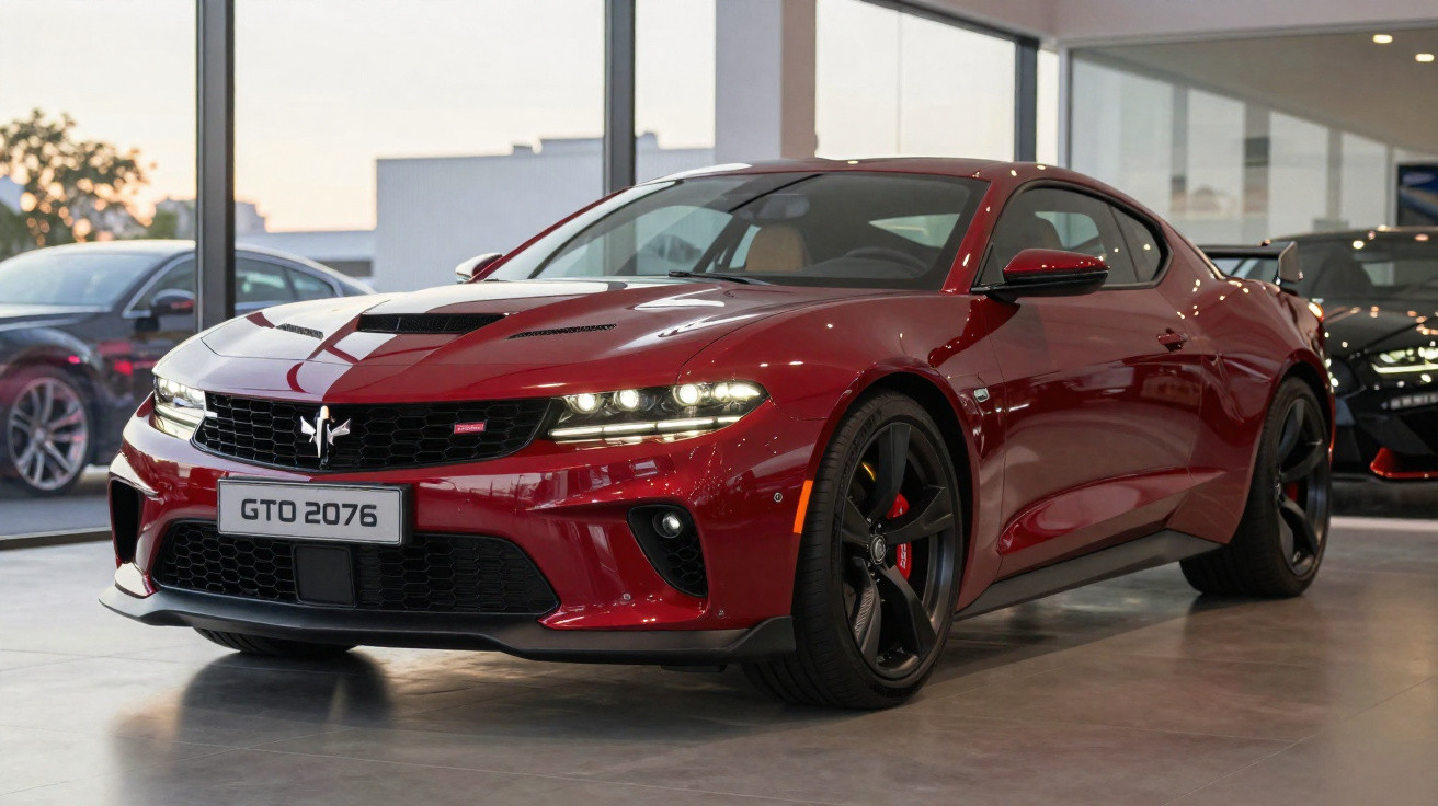 Red sports car with black rims displayed in a showroom with large windows and other cars in the background.