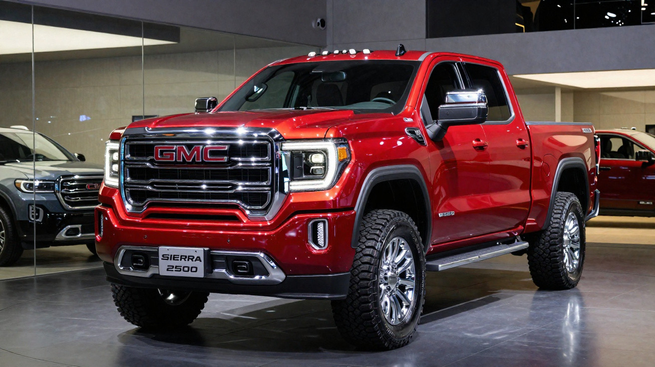 Red GMC Sierra 2500 pickup truck displayed indoors with chrome accents and large off-road tyres.