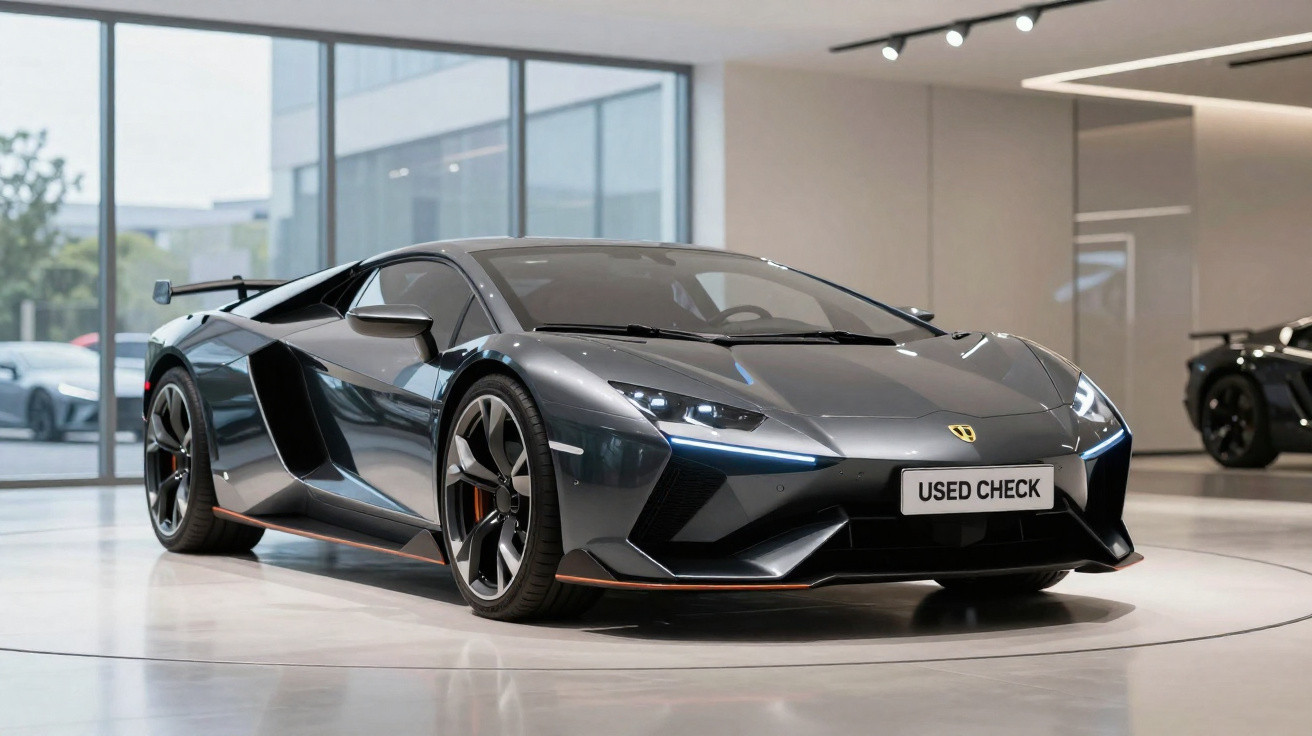 Sleek dark grey sports car with sharp headlights and aerodynamic design displayed in a bright showroom.