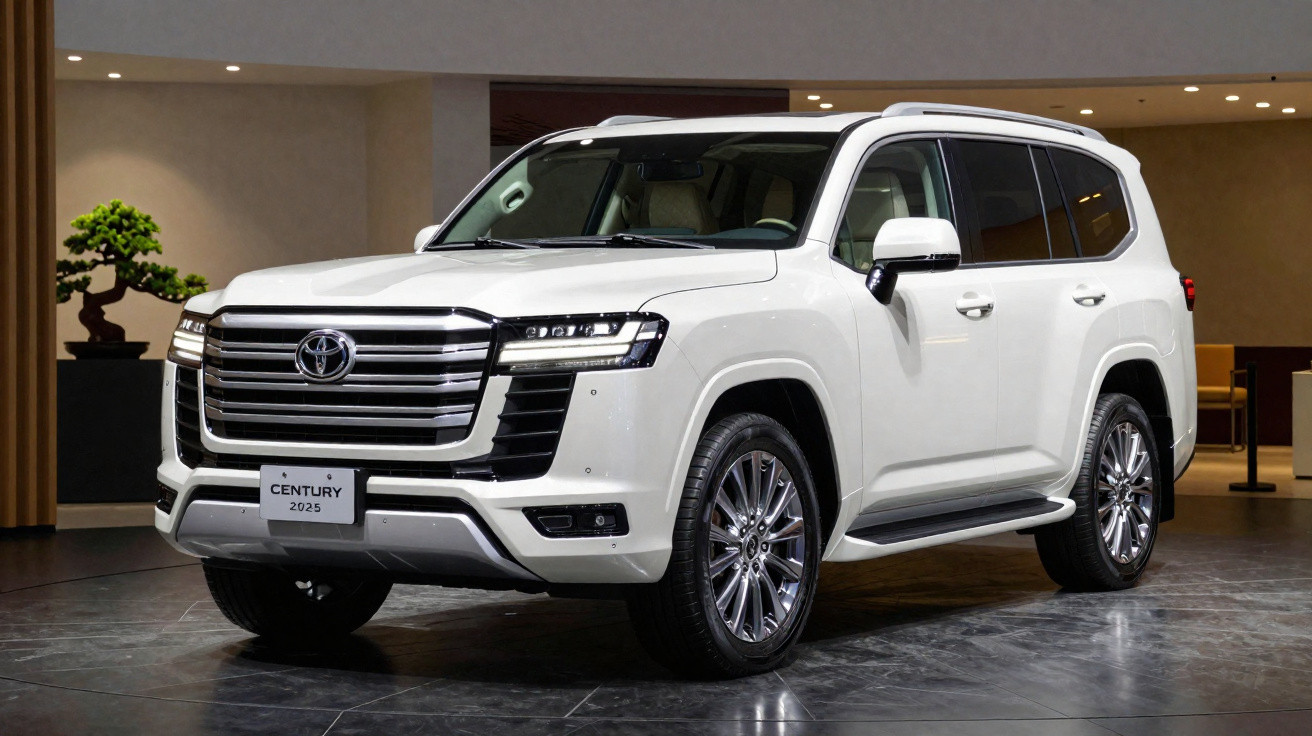 White 2025 Toyota Century luxury SUV displayed indoors on a polished floor with bonsai plant in background.