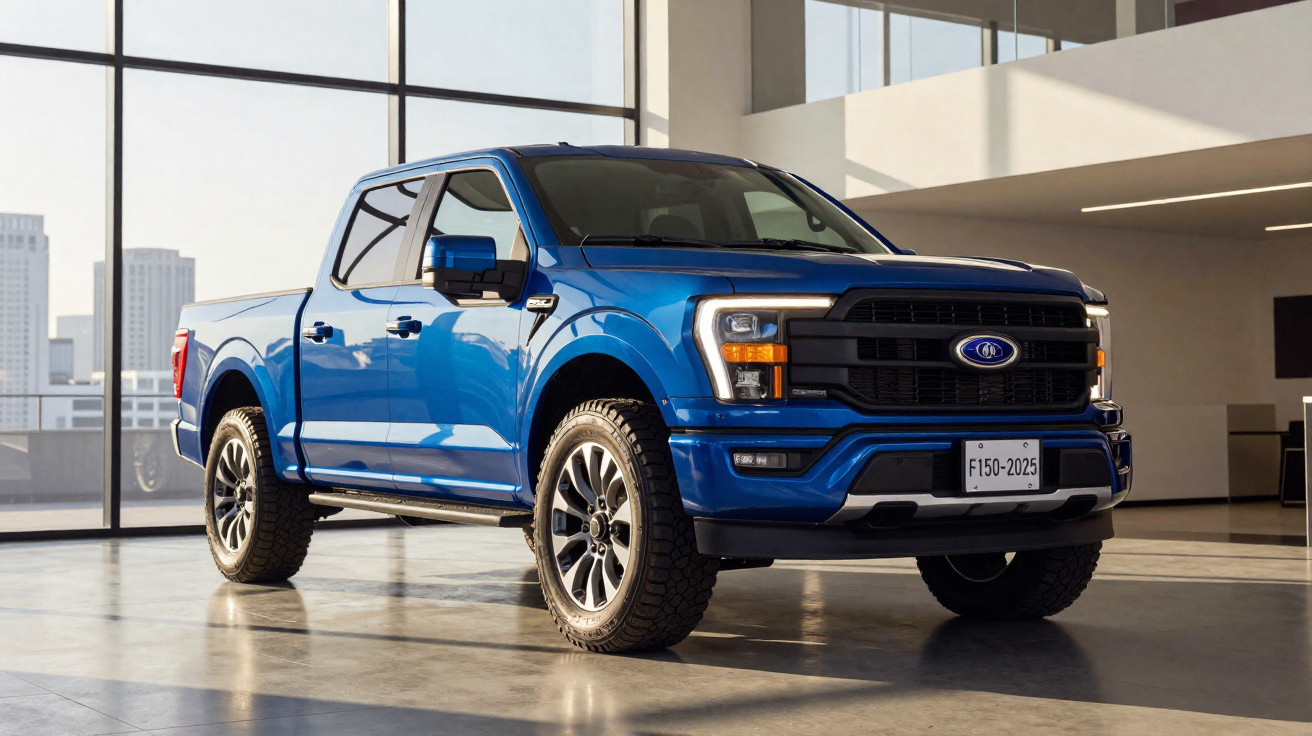 Blue Ford F-150 pickup truck displayed indoors with large windows and city skyline in background.