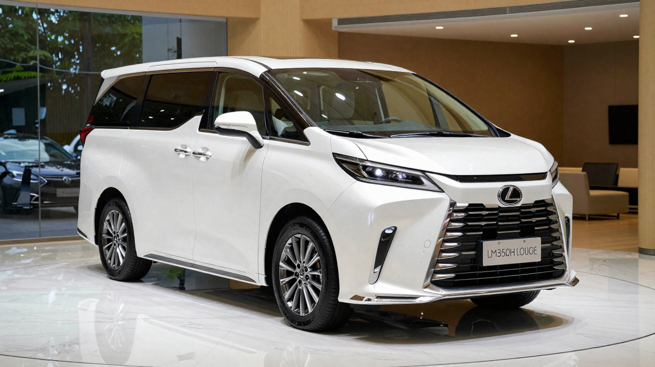 White Lexus LM 350h luxury minivan displayed indoors on a glossy floor with modern seating area in background.