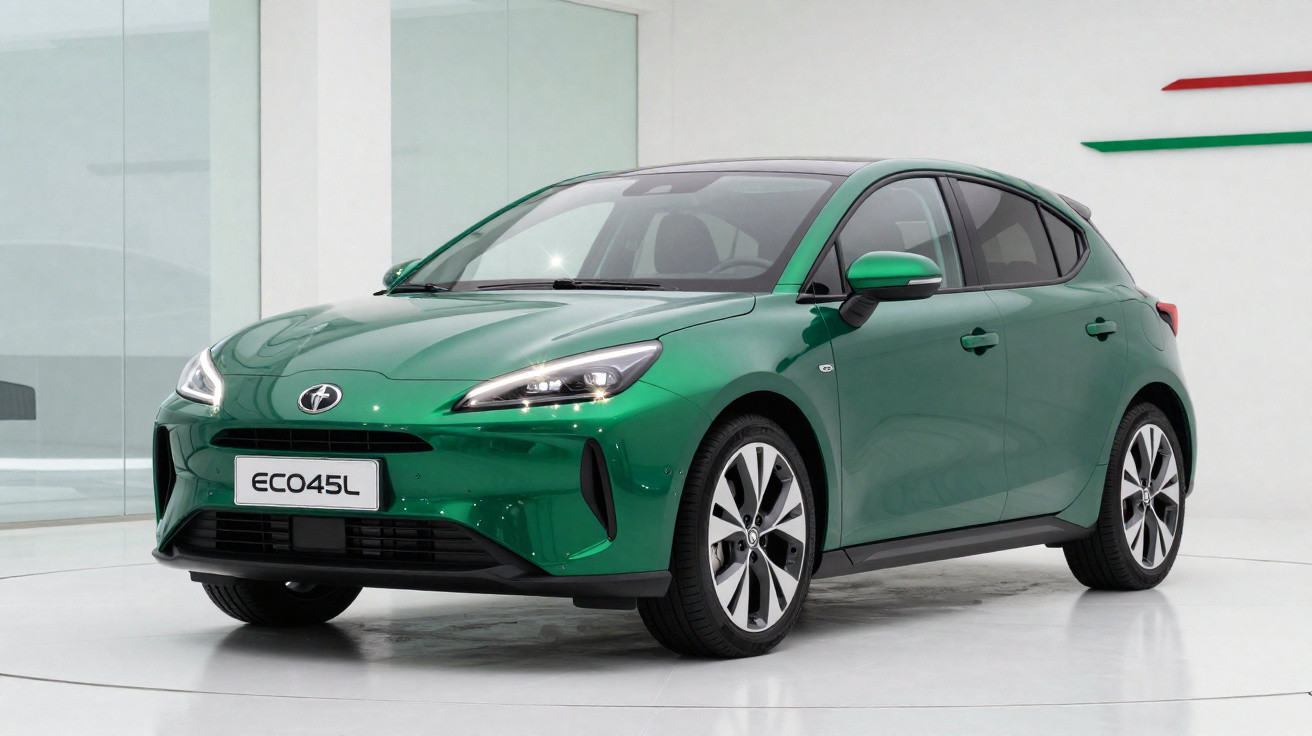 Green compact hatchback car with sleek design parked in a white modern showroom with ECO45L number plate.