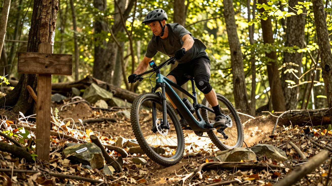 Man wearing helmet and knee pads riding mountain bike on rocky forest trail with sunlight filtering through trees