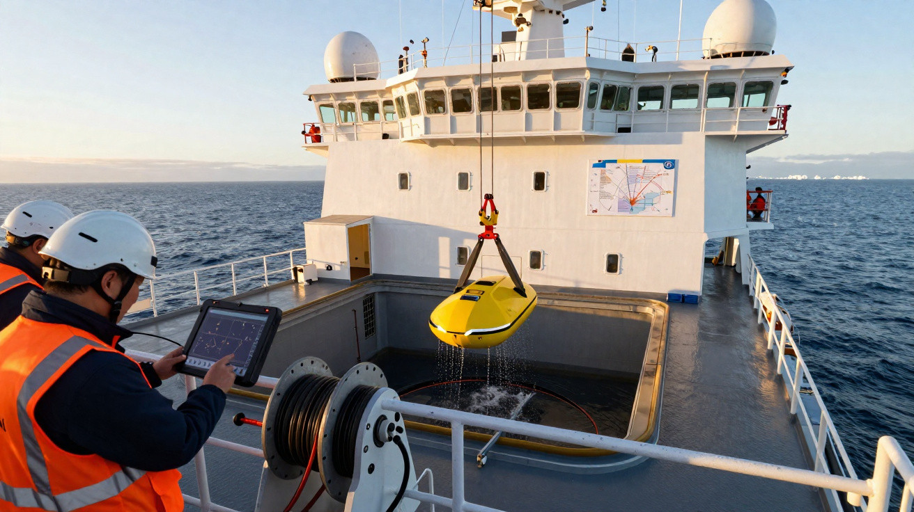 Two researchers in helmets and vests operate a drone deployment system on a ship at sea.