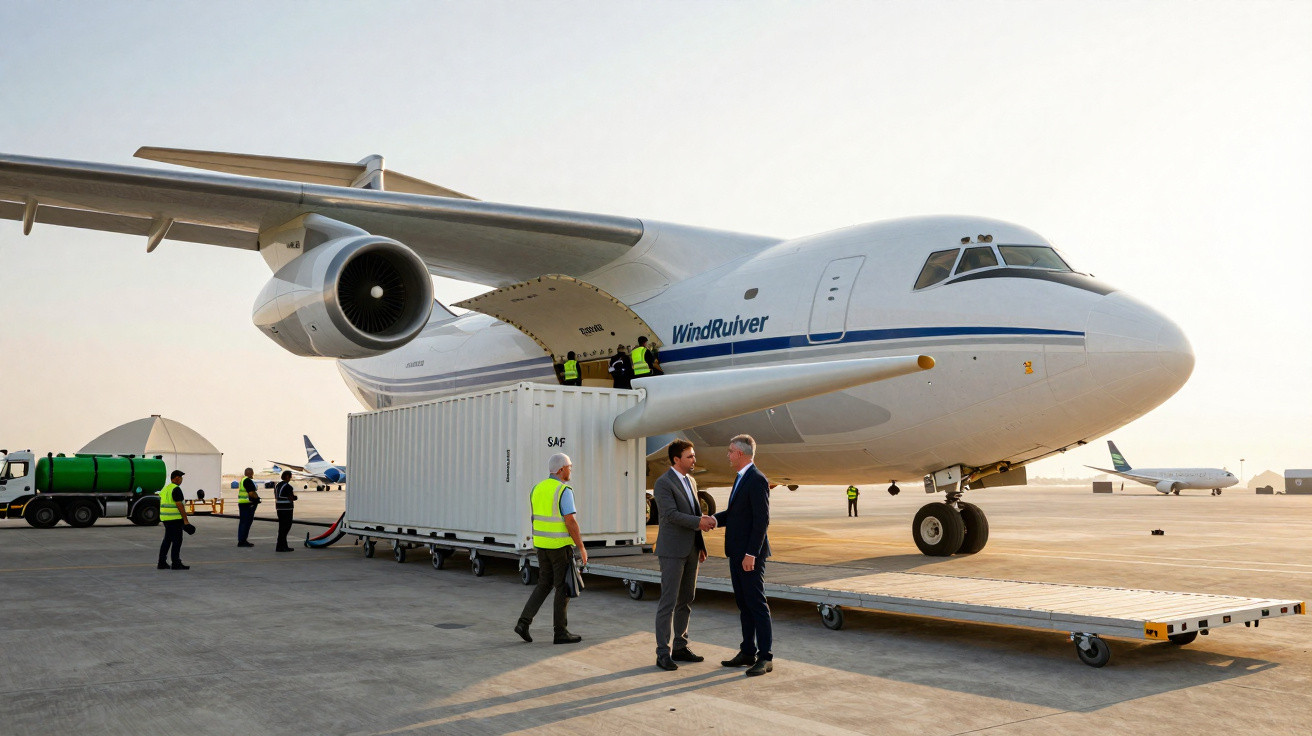 Cargo workers and businessmen near a WindRiver cargo plane unloading containers on a sunny airport tarmac.