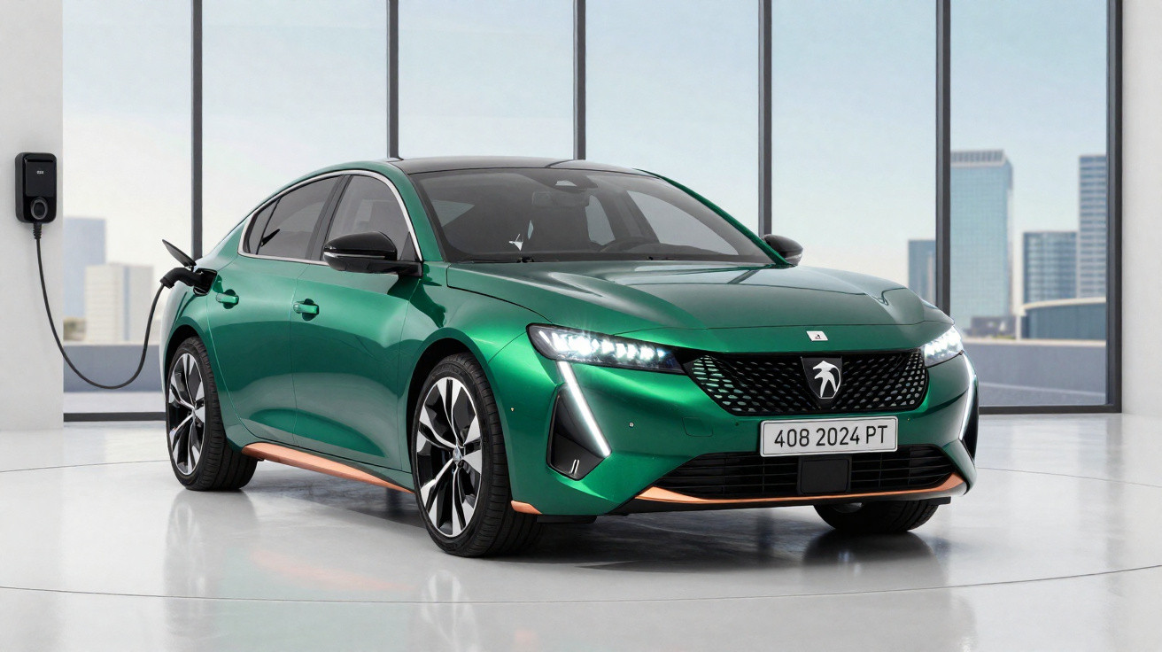 Green electric Peugeot car charging inside modern showroom with cityscape visible through large windows.