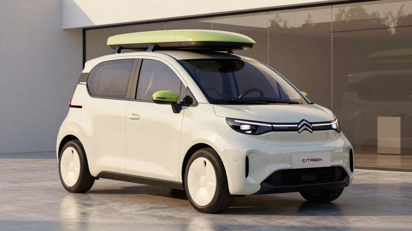 Compact white Citroën hatchback with green roof box and side mirrors, parked outside a modern building.