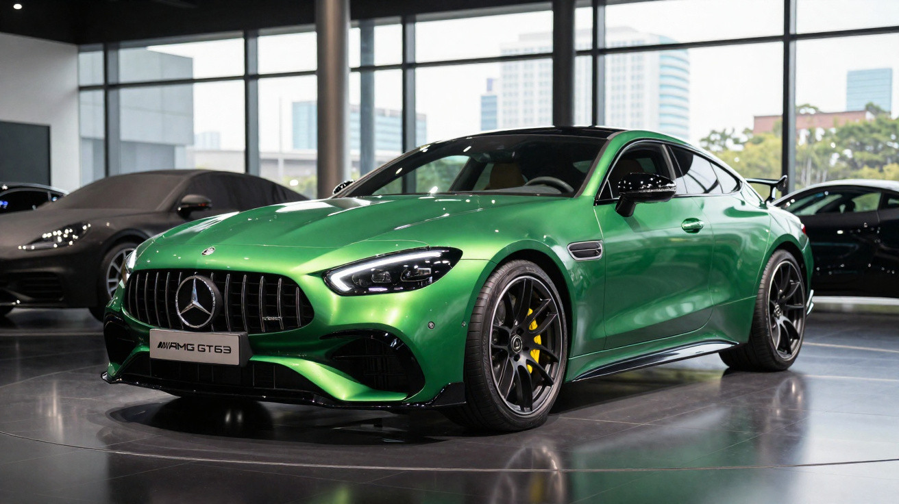 Green Mercedes-AMG GT63 sports car displayed indoors with cityscape visible through large windows behind it.