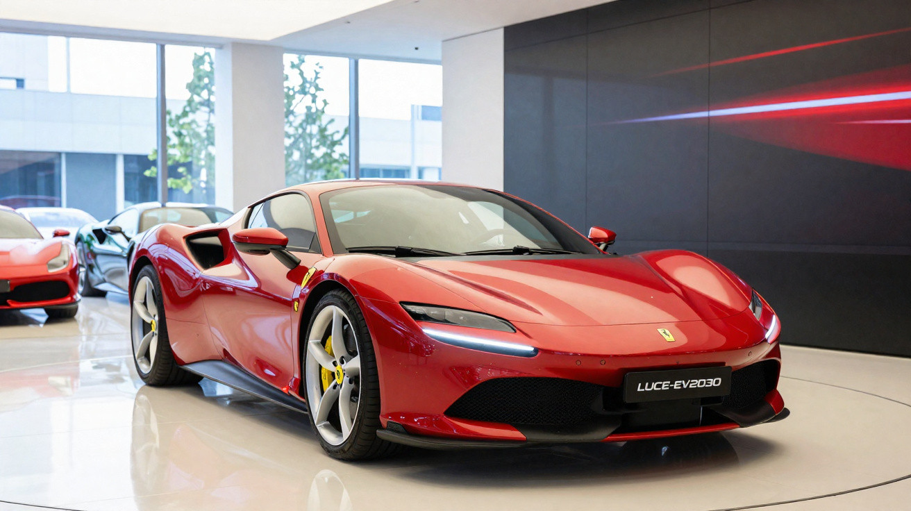 Red Ferrari Luce-EV2030 sports car showcased indoors with sleek design and modern LED headlights.