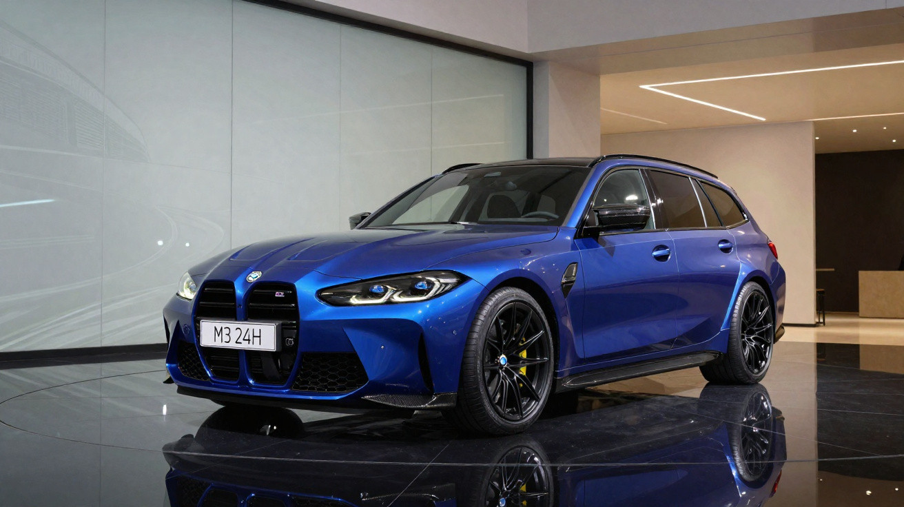 Blue BMW M3 Touring parked indoors on glossy floor with modern minimalist background.