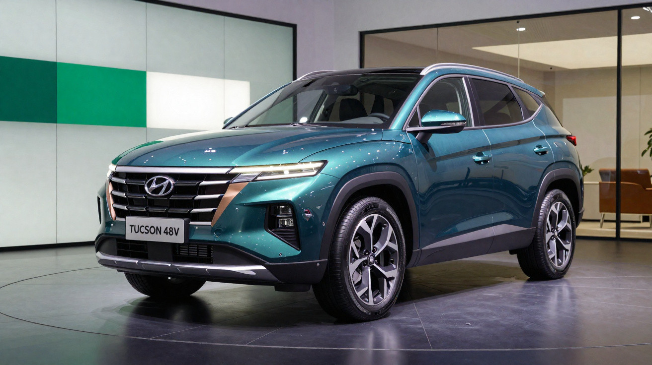 Hyundai Tucson 48V SUV in metallic green displayed indoors on a showroom floor.