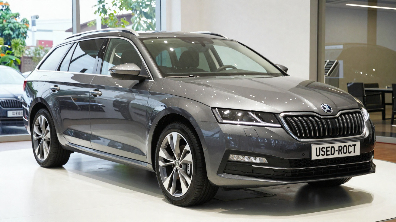 Grey Skoda estate car on display inside a showroom with European-style license plate reading 'USED-ROCT'.