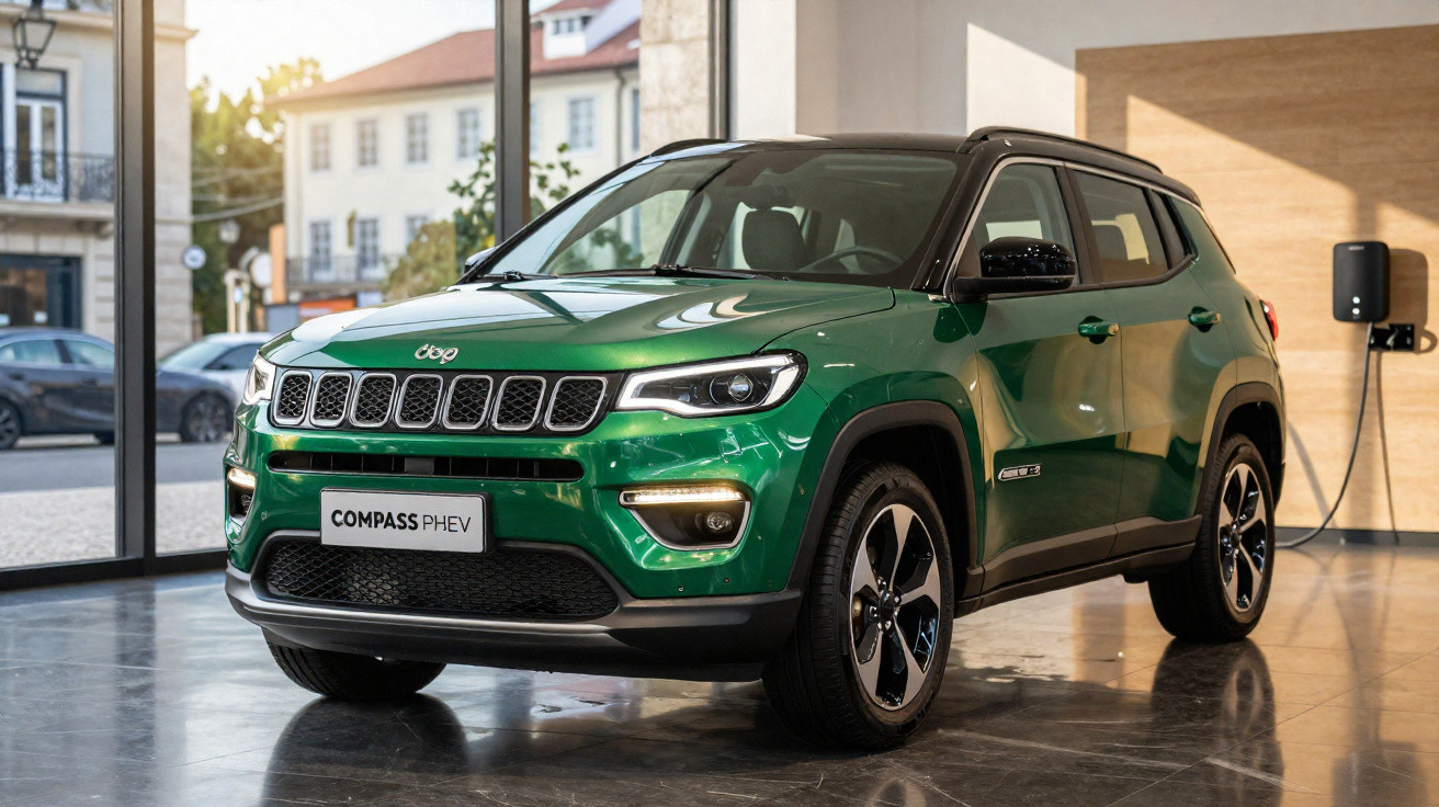 Green Jeep Compass PHEV parked indoors near a window with city buildings visible outside.