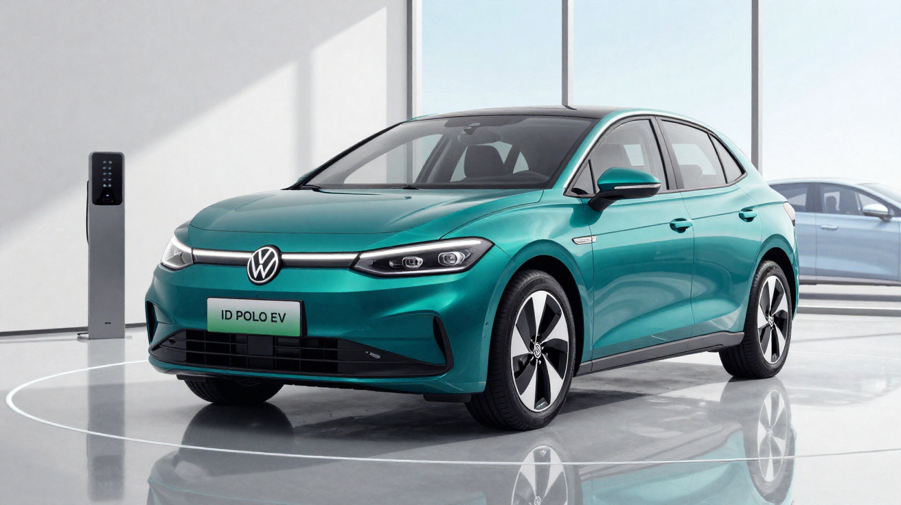 Teal Volkswagen ID. Polo EV electric car displayed indoors next to a charging station.