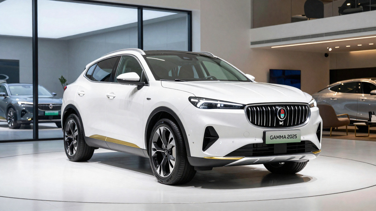 White modern SUV displayed indoors with sleek design and "Gamma 2025" on the front licence plate.