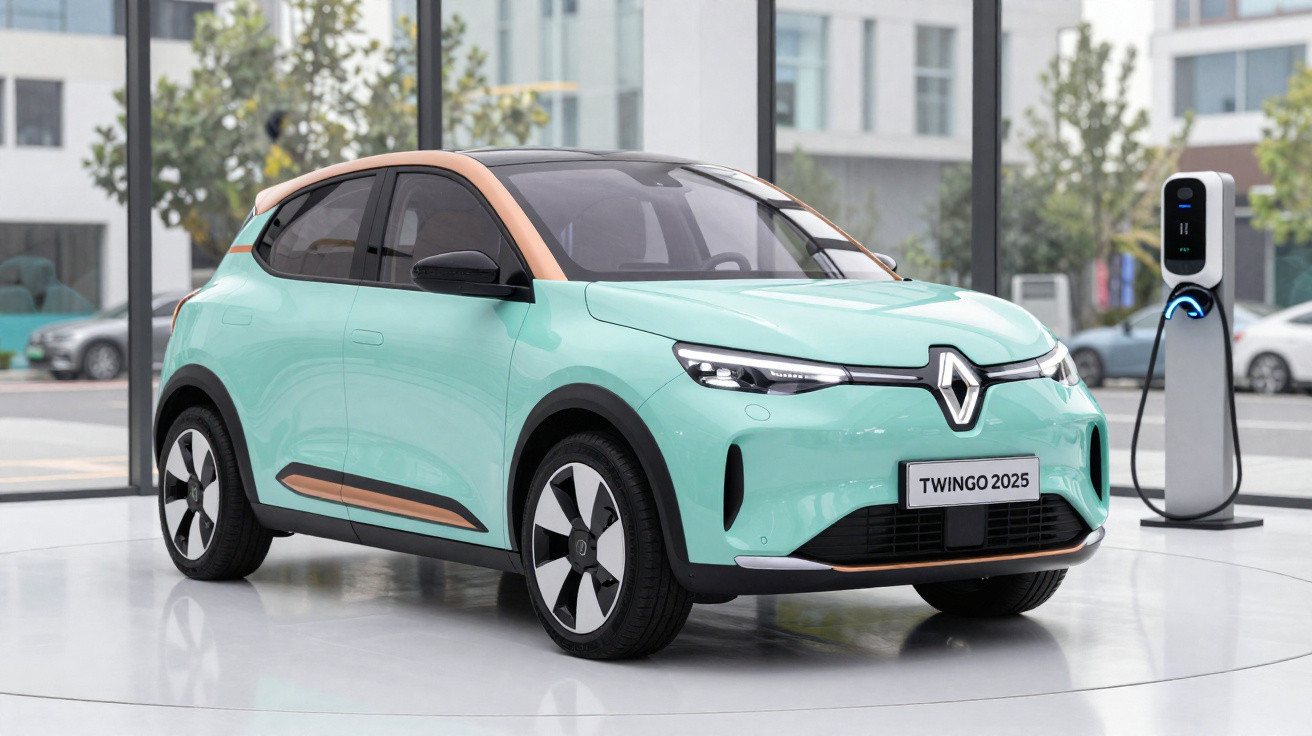 Mint green and copper Renault Twingo 2025 electric car next to a charging station indoors.