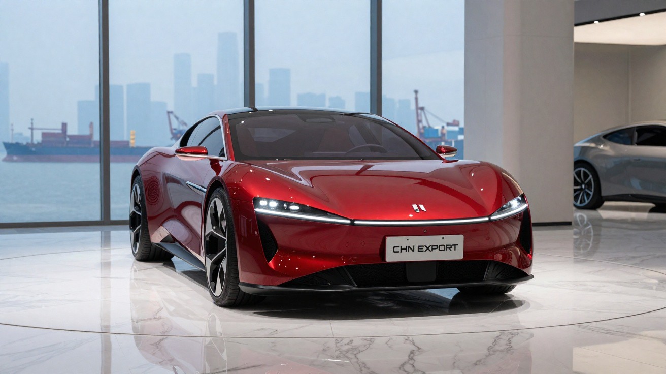 Red electric sports car displayed indoors with large windows showing a harbour and city skyline in the background.