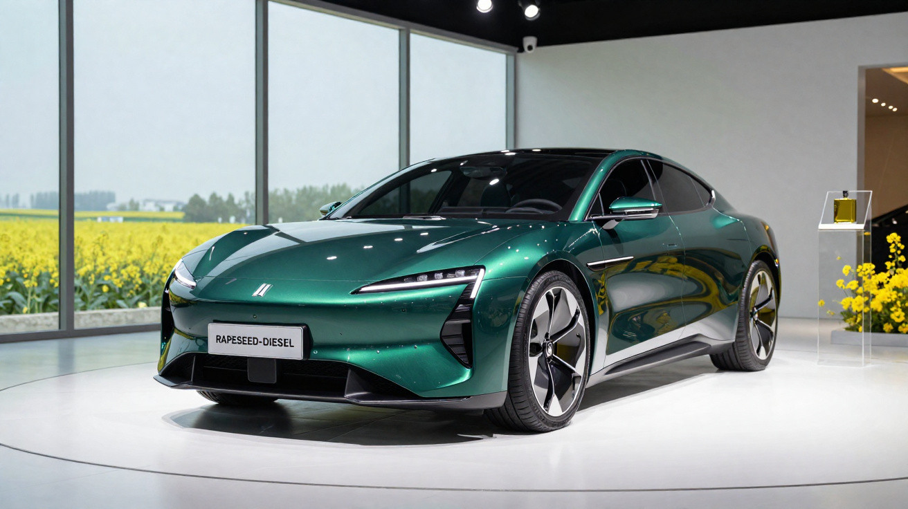 Sleek green sports car displayed indoors with large windows showing yellow flowering fields outside.