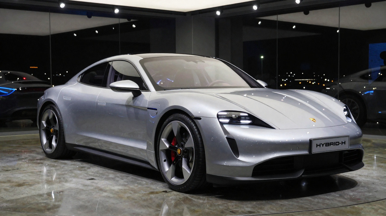 Silver Porsche electric sports car parked indoors with "HYBRID-H" plate and reflective showroom floor.