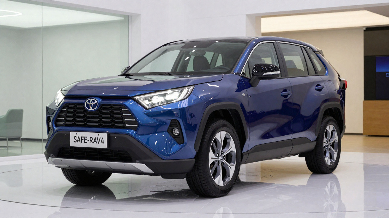 Blue Toyota RAV4 SUV displayed indoors on a shiny white floor, front and side view.