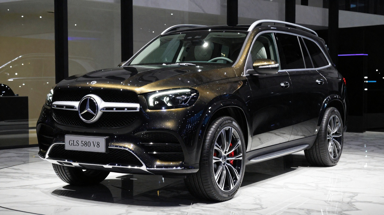 Black Mercedes-Benz GLS 580 V8 luxury SUV parked in a showroom with glossy floor and modern interior.