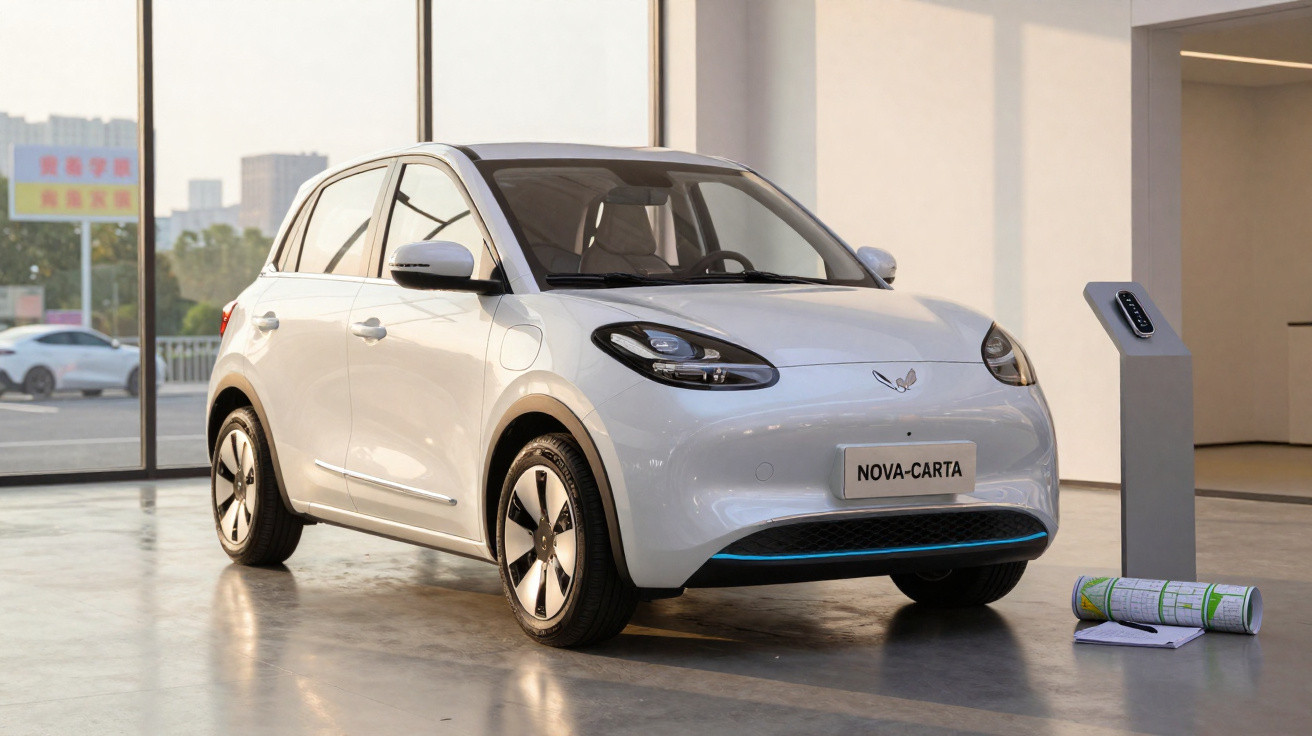 White compact electric car Nova-Carta on display in a modern showroom with large windows.