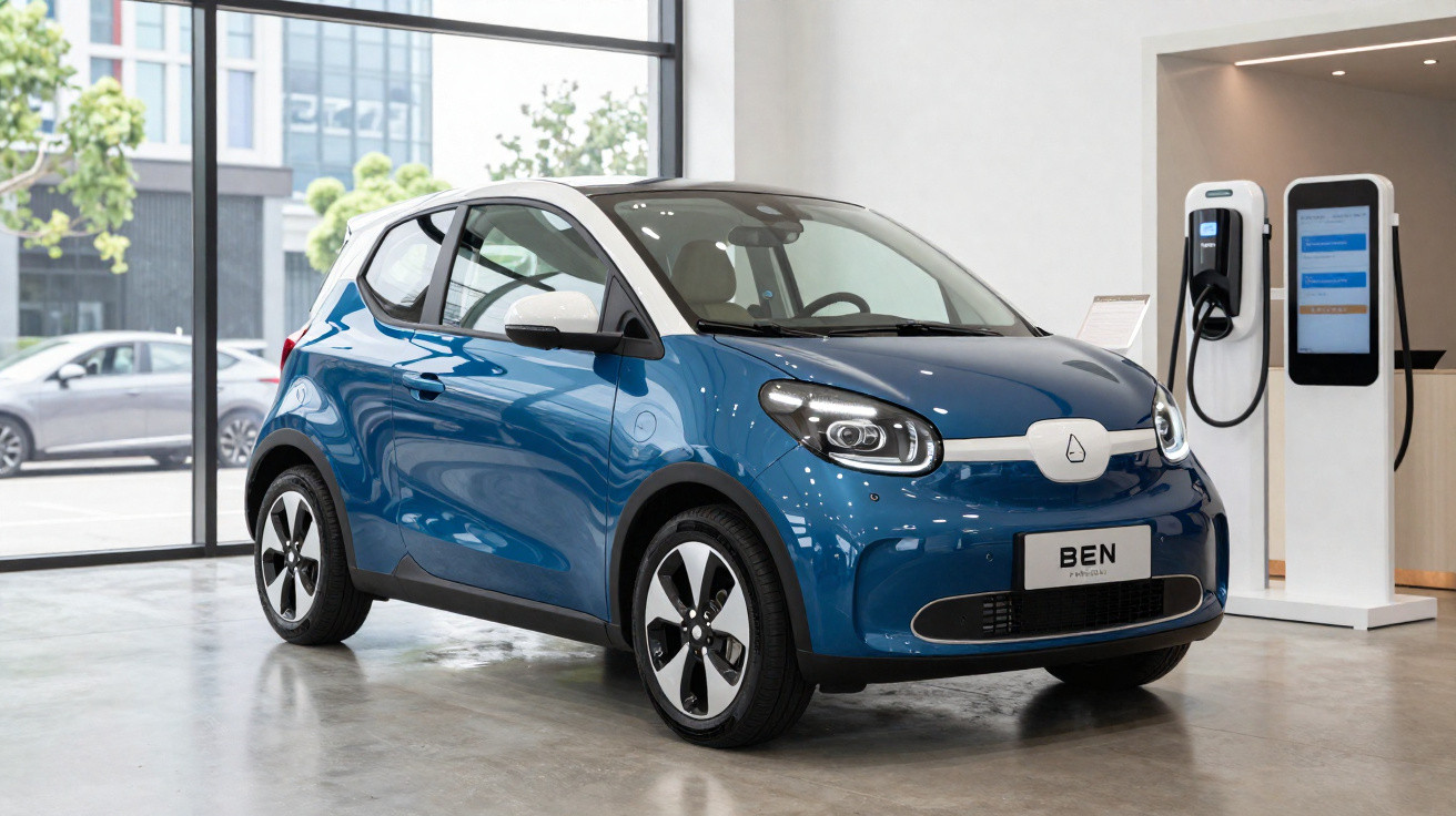 Blue compact electric car named BEN charging indoors next to a wall-mounted charging station.