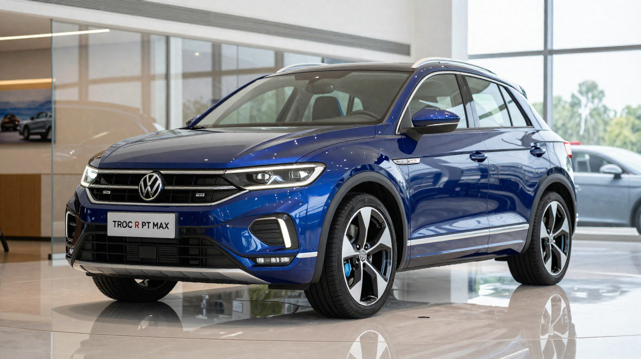 Blue Volkswagen T-Roc R PT Max SUV displayed indoors with large alloy wheels and modern LED headlights.