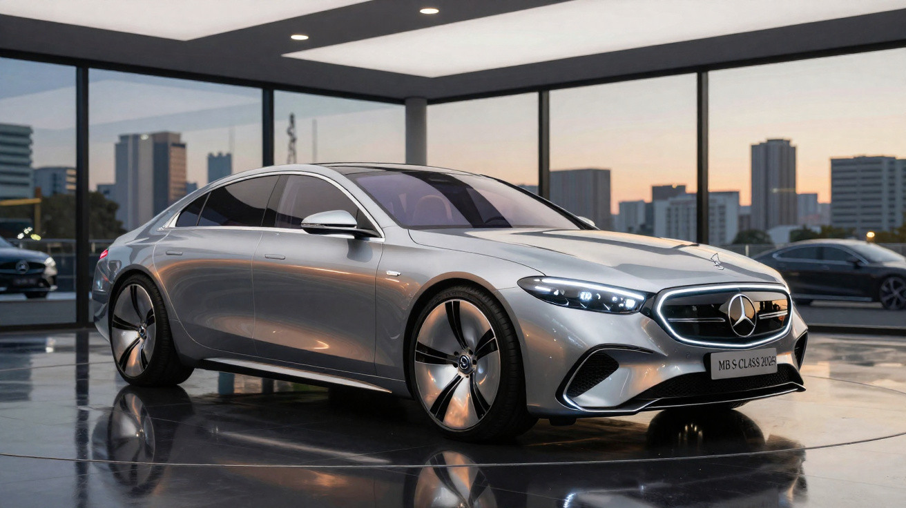 Silver Mercedes-Benz luxury sedan displayed in a showroom with city skyline visible through large windows.