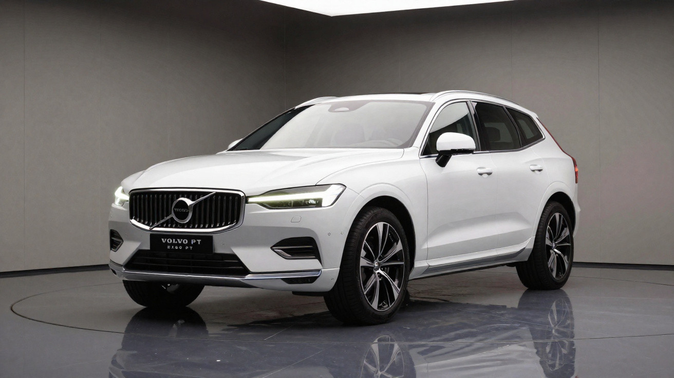 White Volvo XC60 SUV parked on a circular platform against a plain grey background inside a studio.