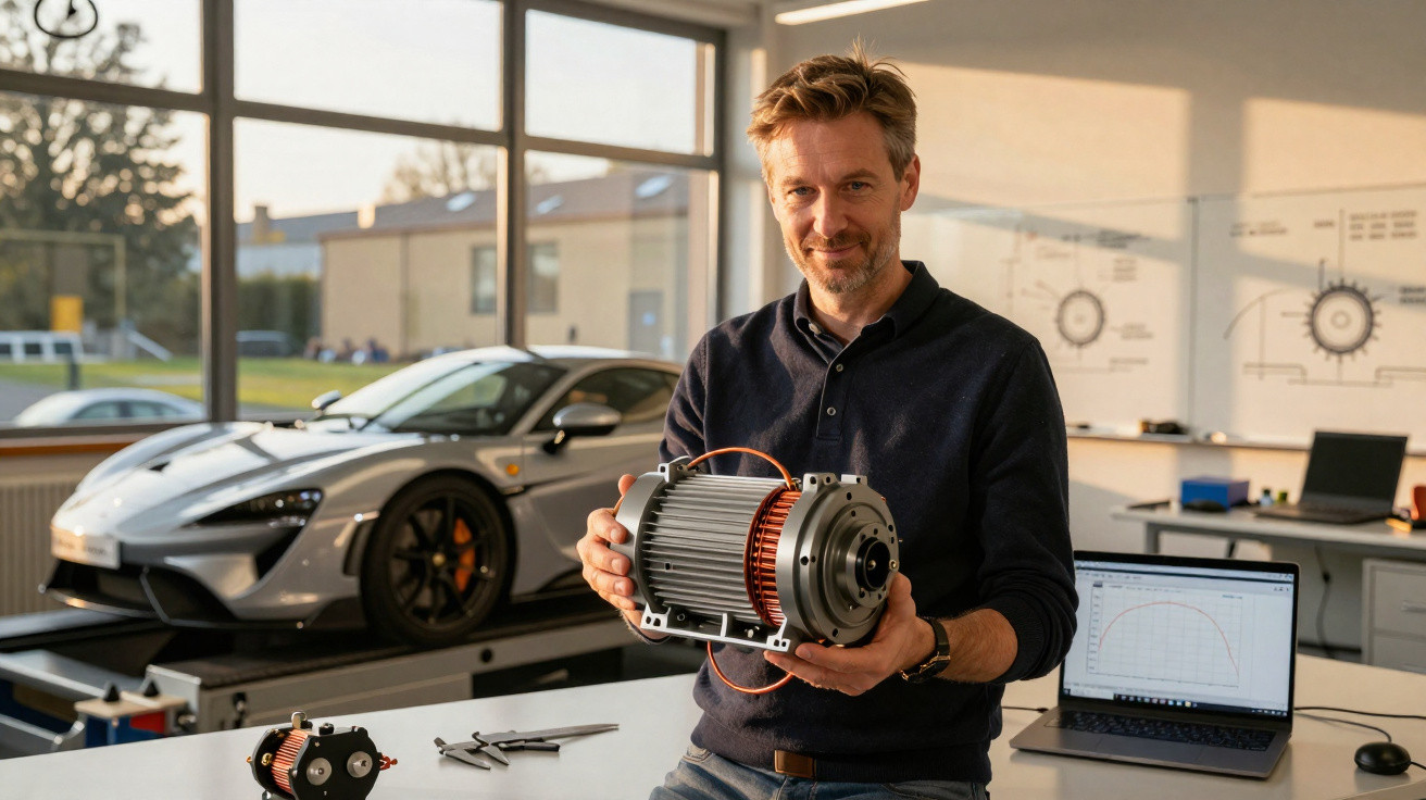 Man holding an electric motor in a workshop with a sports car and laptop showing a performance graph.