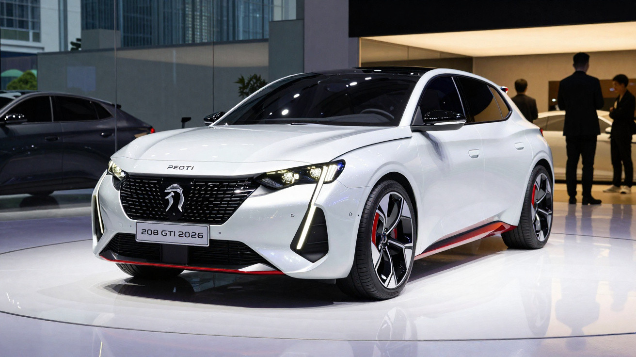 White sporty hatchback car PEOTI 208 GTI 2026 displayed in a modern showroom.