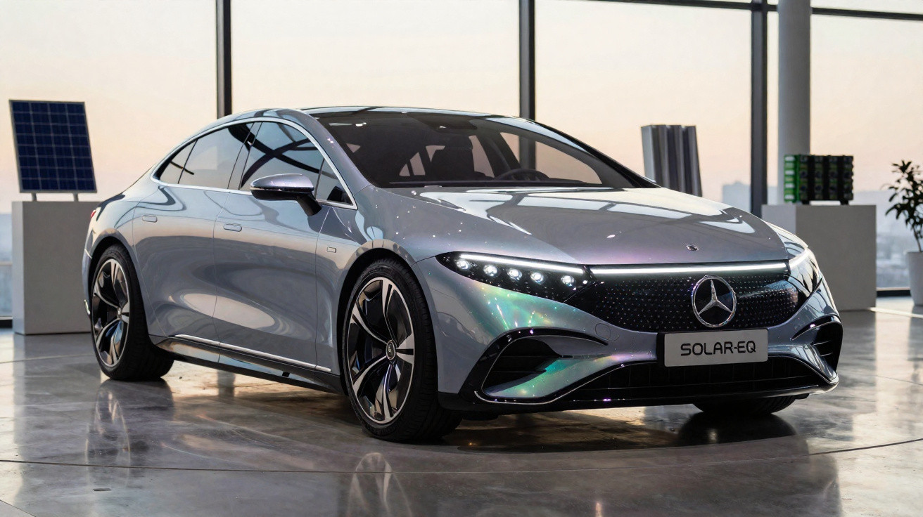 Sleek silver Mercedes-Benz SOLAR-EQ electric car displayed indoors with large windows and solar panels in background.