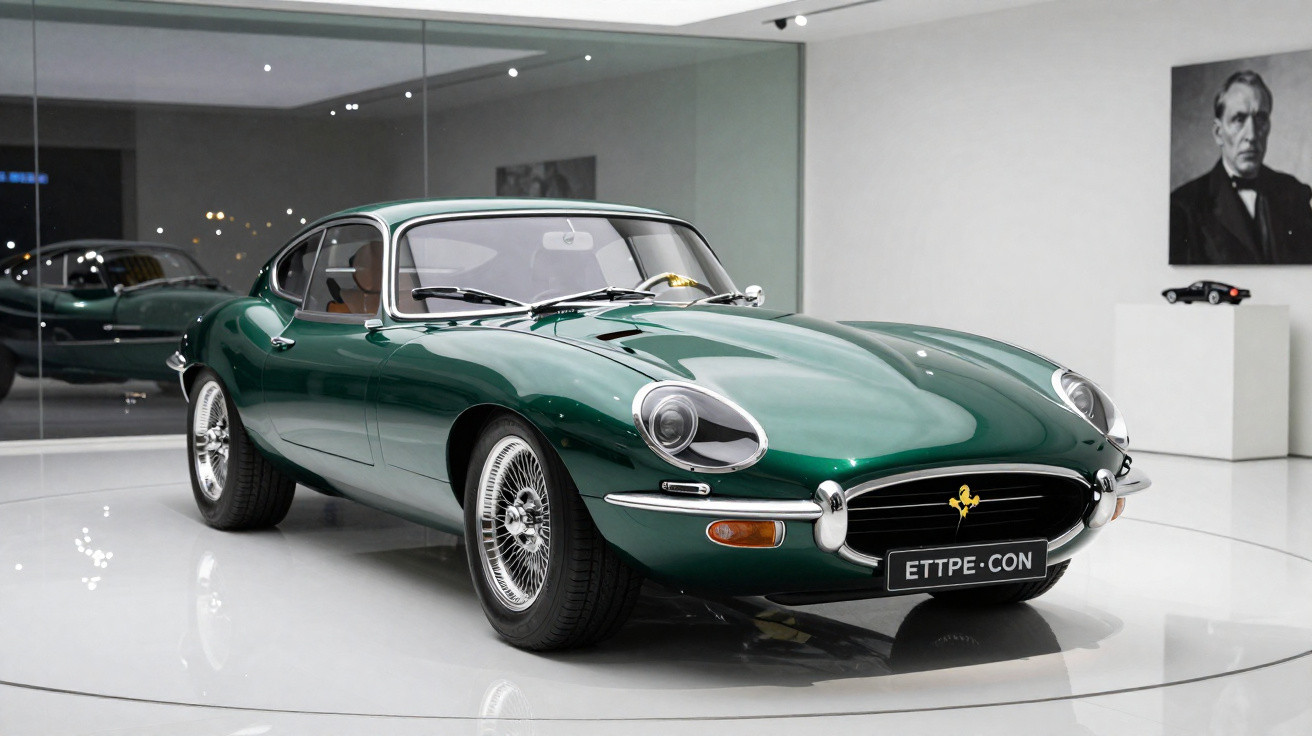 Classic dark green vintage sports car displayed in a modern gallery with reflective glass walls.